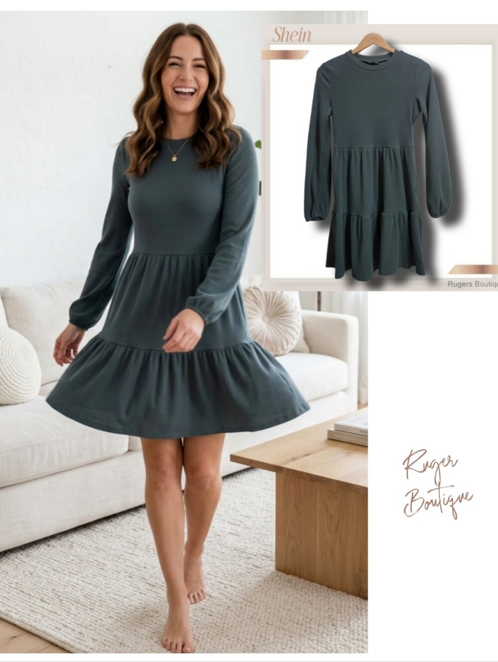 🌿Shein Womens Small Forrest Green Rib Knit Tiered Long Sleeve Dress